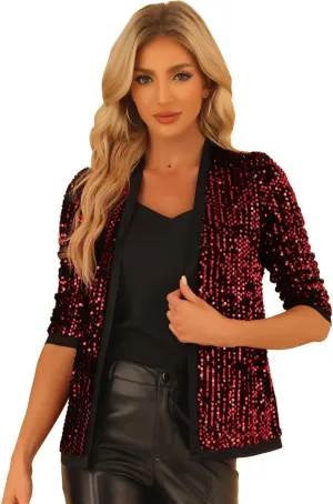 Allegra K Women's Sequin Cardigan 3/4 Sleeve Open Front Sequin Jackets Velvet Party Cocktail Shrug
