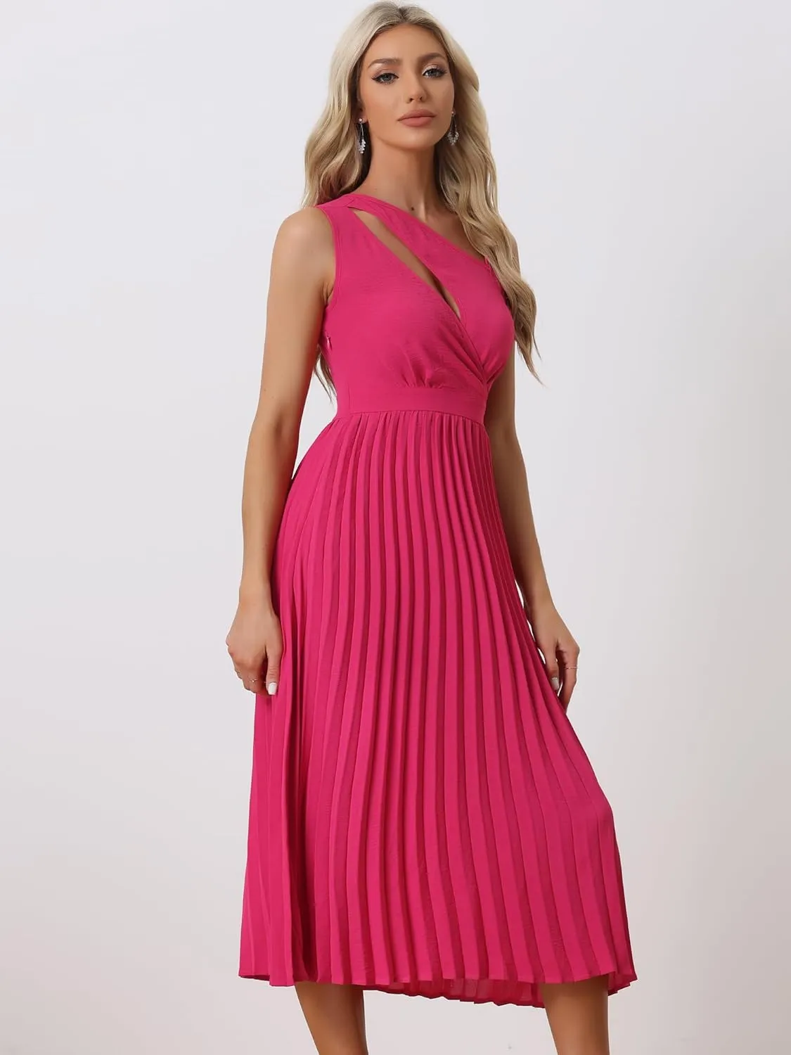 Allegra K Women's Summer Pleated Dress One Shoulder Sleeveless Cinched Waist Party Cocktail Dresses