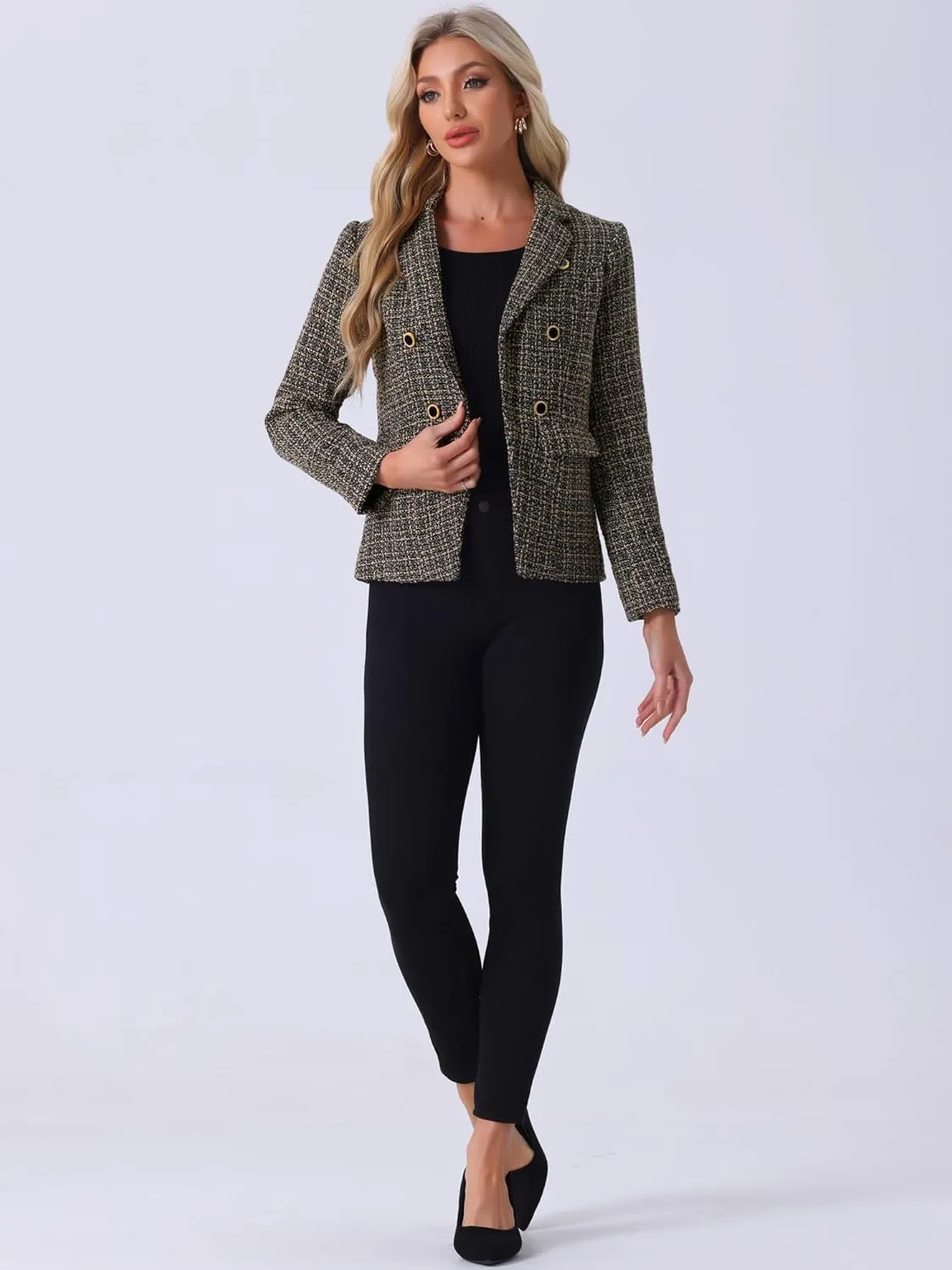 Allegra K Women's Tweed Jacket Plaid Blazer Long Sleeve Elegant Work Open Front Tweed Blazer Jackets