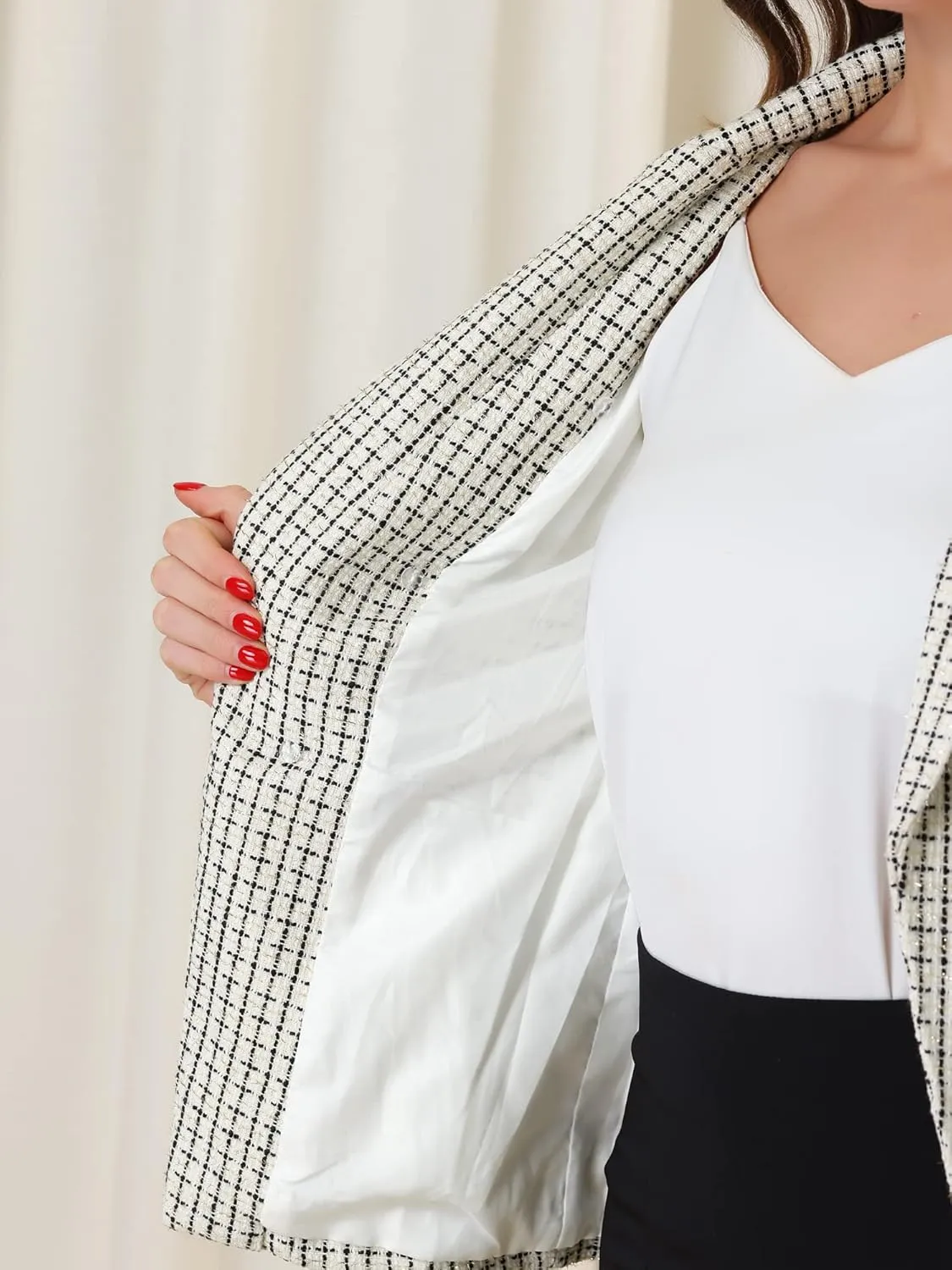 Allegra K Women's Tweed Jacket Plaid Blazer Long Sleeve Elegant Work Open Front Tweed Blazer Jackets