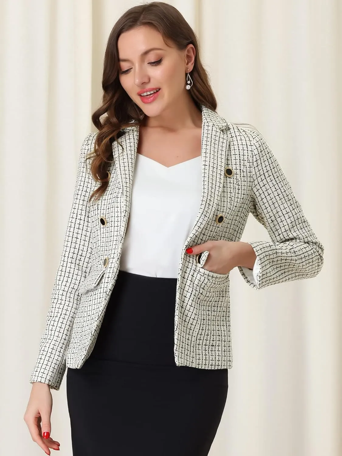 Allegra K Women's Tweed Jacket Plaid Blazer Long Sleeve Elegant Work Open Front Tweed Blazer Jackets