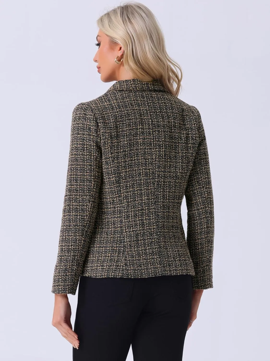 Allegra K Women's Tweed Jacket Plaid Blazer Long Sleeve Elegant Work Open Front Tweed Blazer Jackets