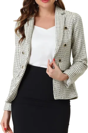 Allegra K Women's Tweed Jacket Plaid Blazer Long Sleeve Elegant Work Open Front Tweed Blazer Jackets