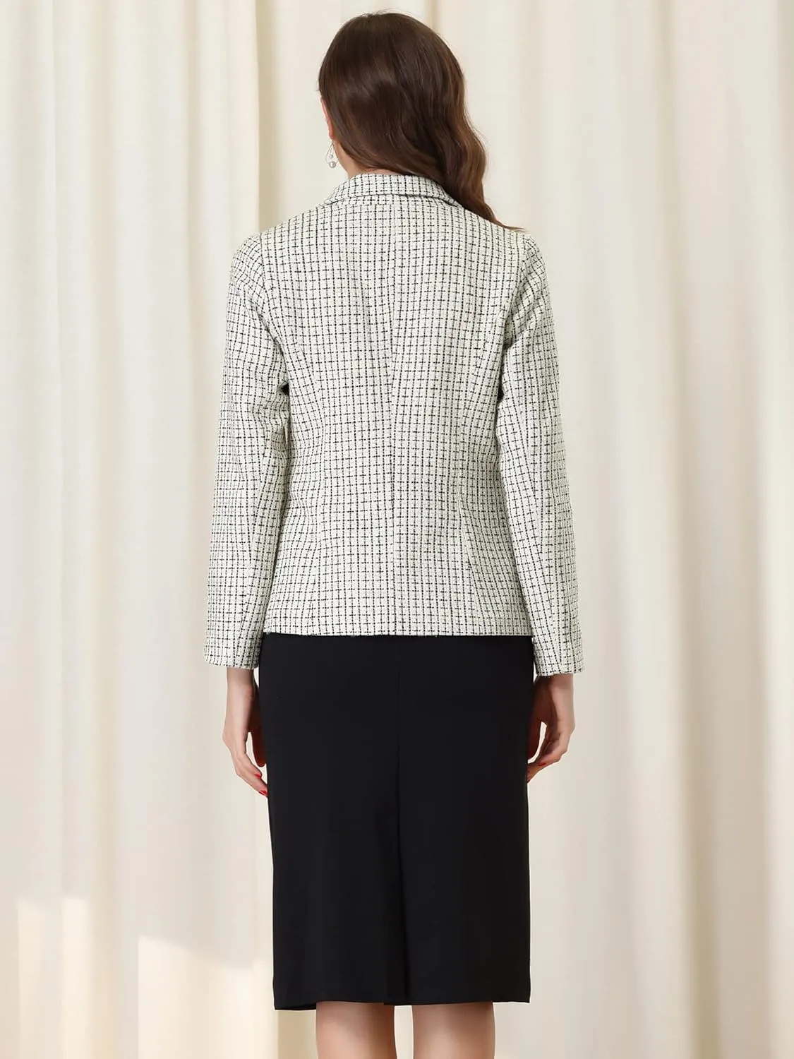 Allegra K Women's Tweed Jacket Plaid Blazer Long Sleeve Elegant Work Open Front Tweed Blazer Jackets