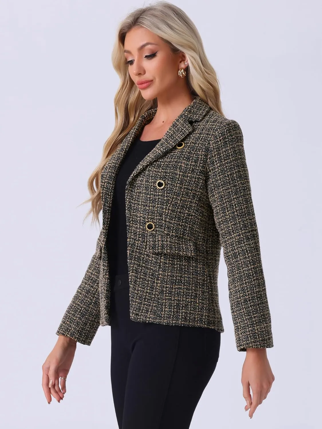Allegra K Women's Tweed Jacket Plaid Blazer Long Sleeve Elegant Work Open Front Tweed Blazer Jackets