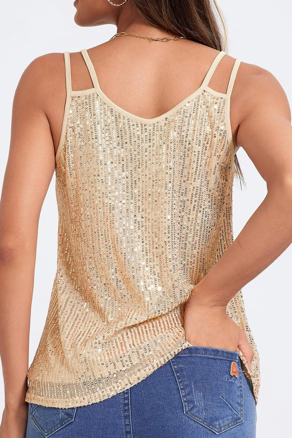 Allimy Womens Strappy Sequin V Neck Tank Tops Sparkle Shimmer Party Club Tank Tops Sleeveless Shirts