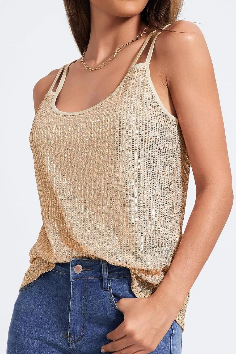 Allimy Womens Strappy Sequin V Neck Tank Tops Sparkle Shimmer Party Club Tank Tops Sleeveless Shirts