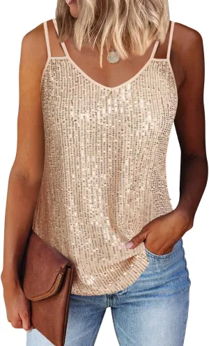Allimy Womens Strappy Sequin V Neck Tank Tops Sparkle Shimmer Party Club Tank Tops Sleeveless Shirts