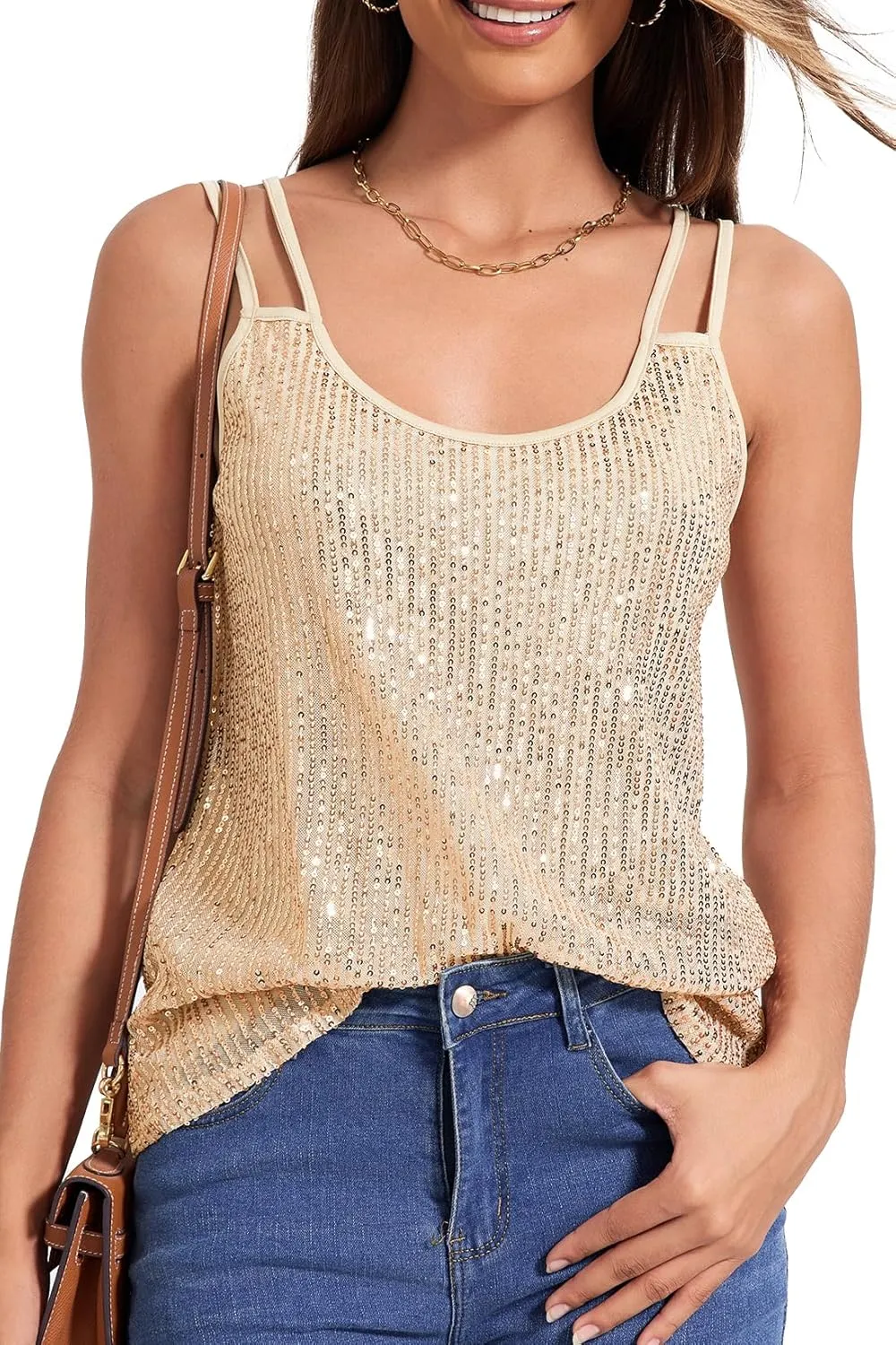 Allimy Womens Strappy Sequin V Neck Tank Tops Sparkle Shimmer Party Club Tank Tops Sleeveless Shirts