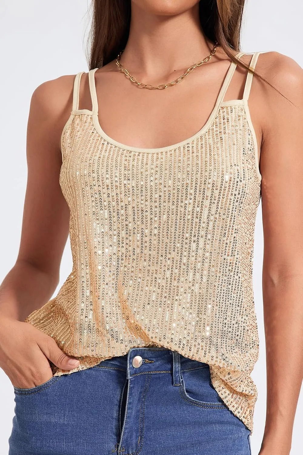Allimy Womens Strappy Sequin V Neck Tank Tops Sparkle Shimmer Party Club Tank Tops Sleeveless Shirts