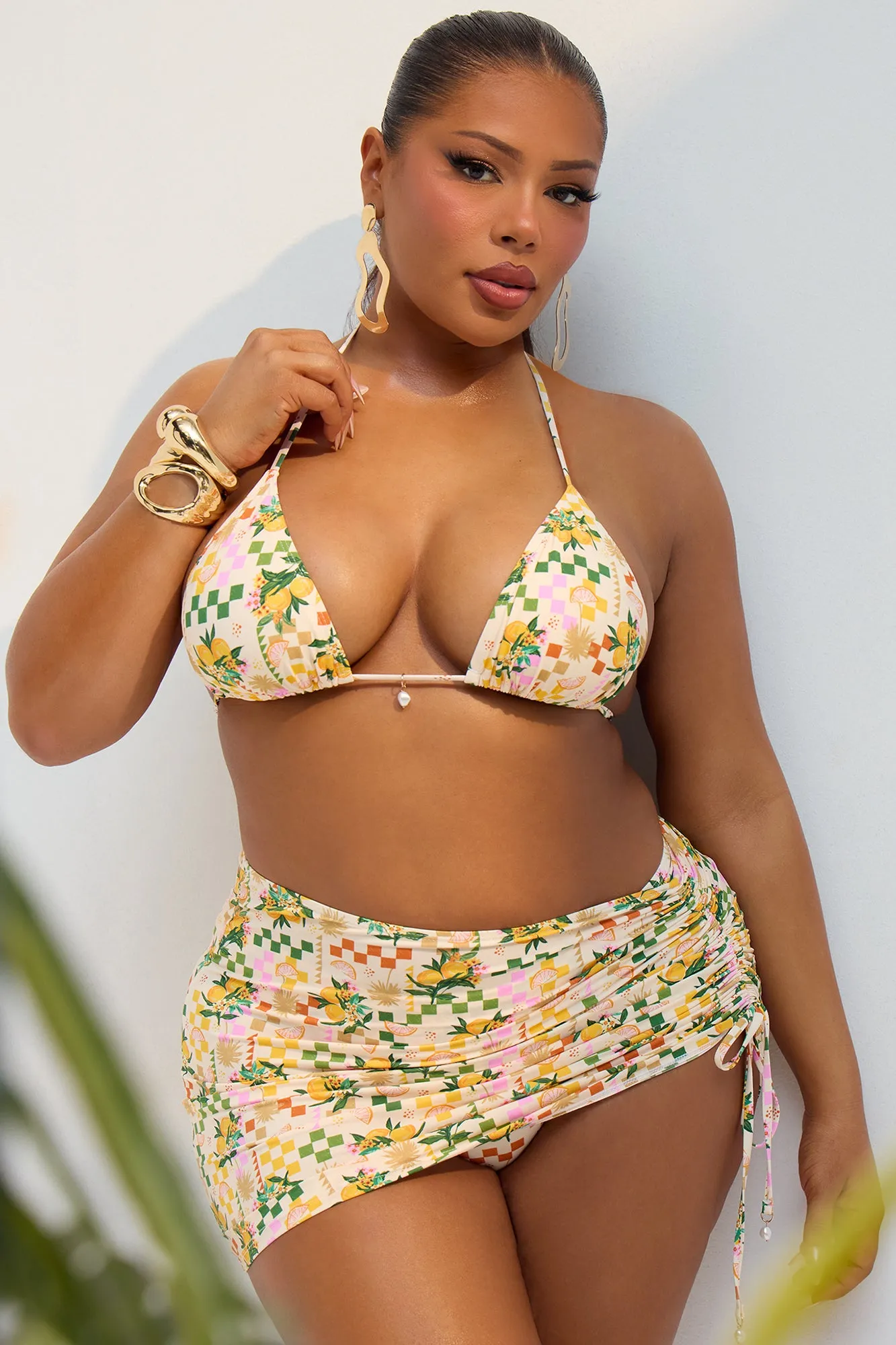 Aloha Vacation Pearl Charm 3 Piece Bikini Skirt Set - Yellow/combo