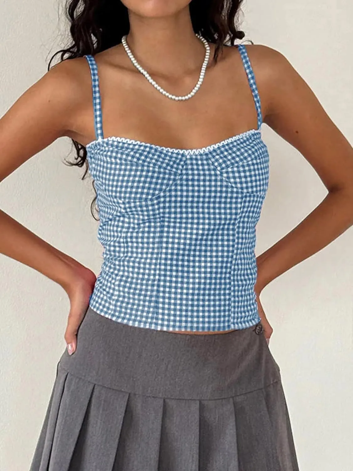 Alyweatry Women Y2k Gingham Tank Top Sleeveless Coquette Aesthetic Plaid Print Cami Crop Top Summer Going Out Top