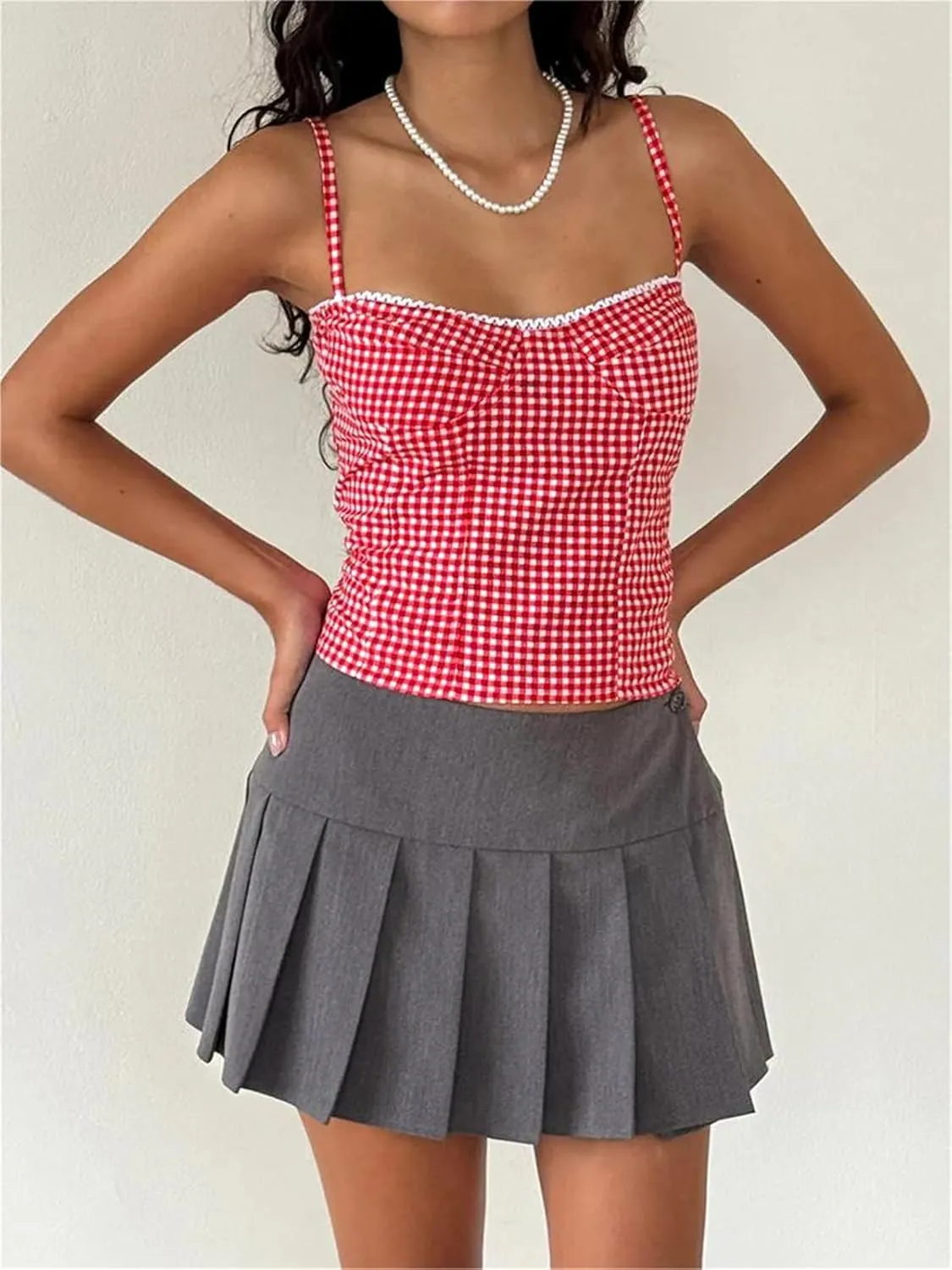Alyweatry Women Y2k Gingham Tank Top Sleeveless Coquette Aesthetic Plaid Print Cami Crop Top Summer Going Out Top