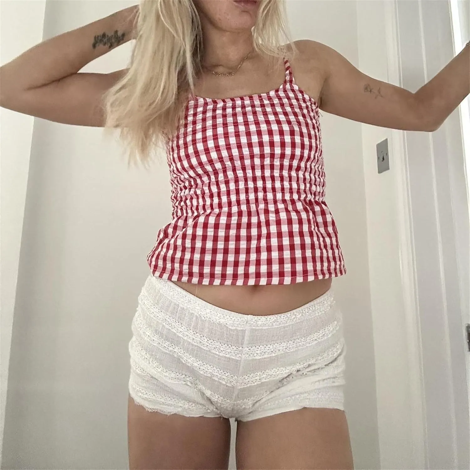 Alyweatry Women Y2k Gingham Tank Top Sleeveless Coquette Aesthetic Plaid Print Cami Crop Top Summer Going Out Top