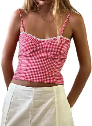 Alyweatry Women Y2k Gingham Tank Top Sleeveless Coquette Aesthetic Plaid Print Cami Crop Top Summer Going Out Top