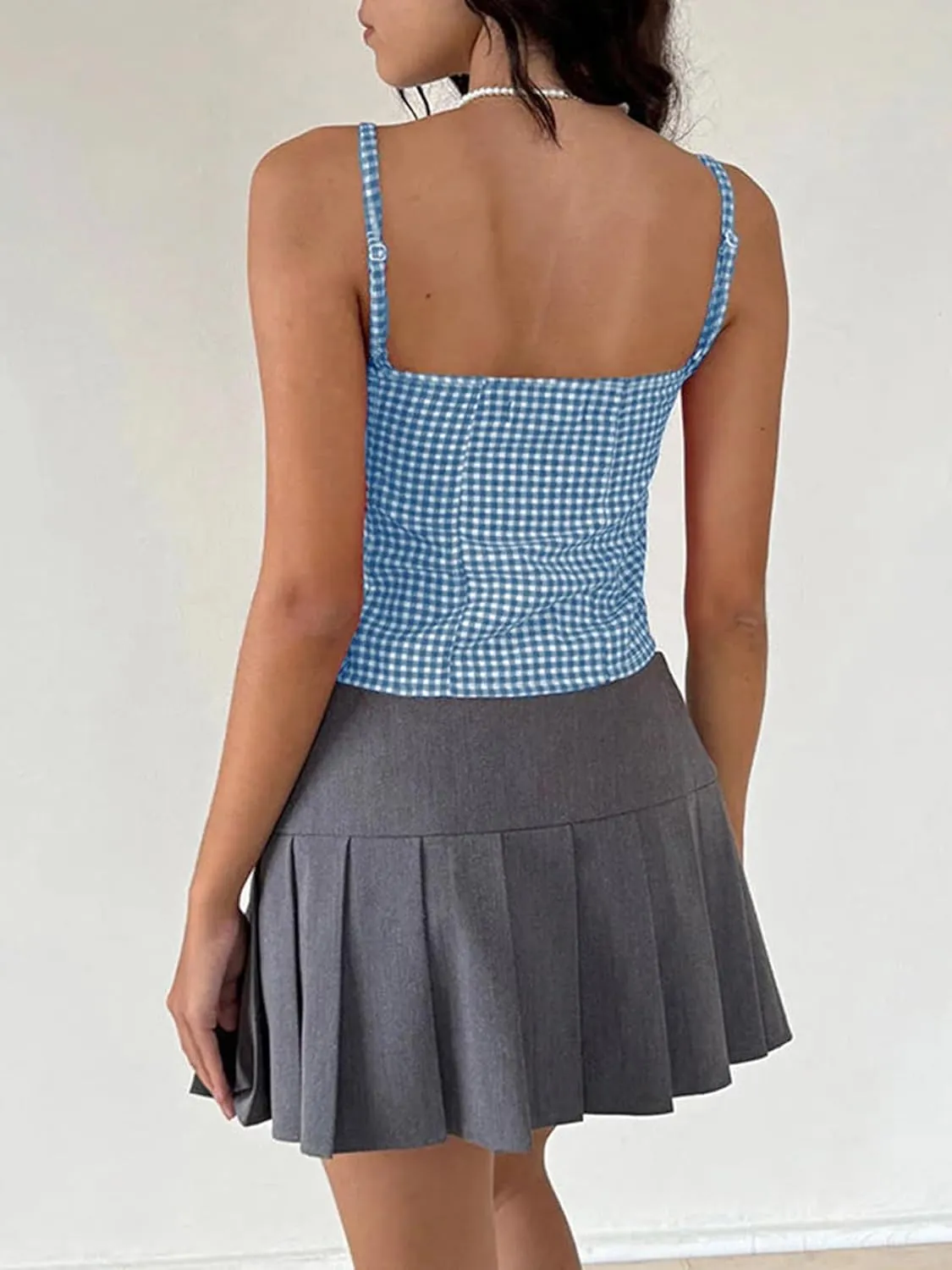 Alyweatry Women Y2k Gingham Tank Top Sleeveless Coquette Aesthetic Plaid Print Cami Crop Top Summer Going Out Top