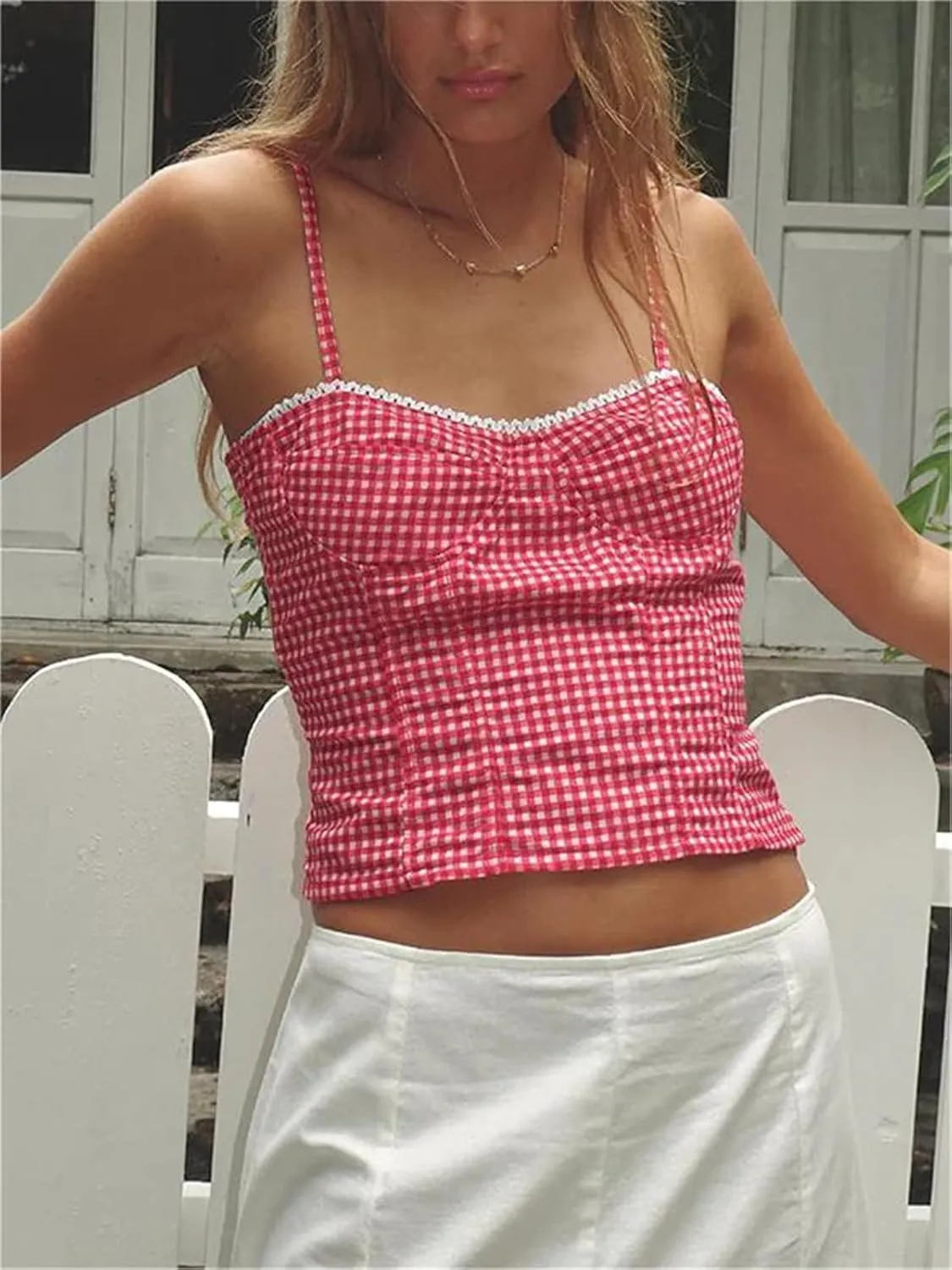 Alyweatry Women Y2k Gingham Tank Top Sleeveless Coquette Aesthetic Plaid Print Cami Crop Top Summer Going Out Top