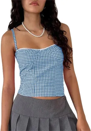 Alyweatry Women Y2k Gingham Tank Top Sleeveless Coquette Aesthetic Plaid Print Cami Crop Top Summer Going Out Top