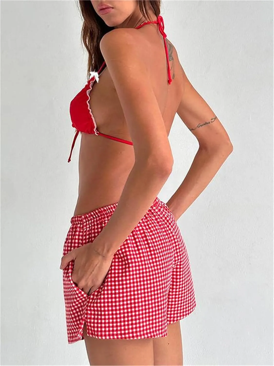 Alyweatry Women Y2k Ruffle Frill Bikini Set Bow Decor Cute Halter Tie Triangle High Cut Cheeky Thong Swimsuit Bathing Suit