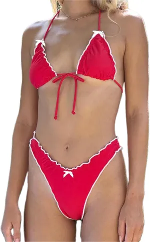 Alyweatry Women Y2k Ruffle Frill Bikini Set Bow Decor Cute Halter Tie Triangle High Cut Cheeky Thong Swimsuit Bathing Suit