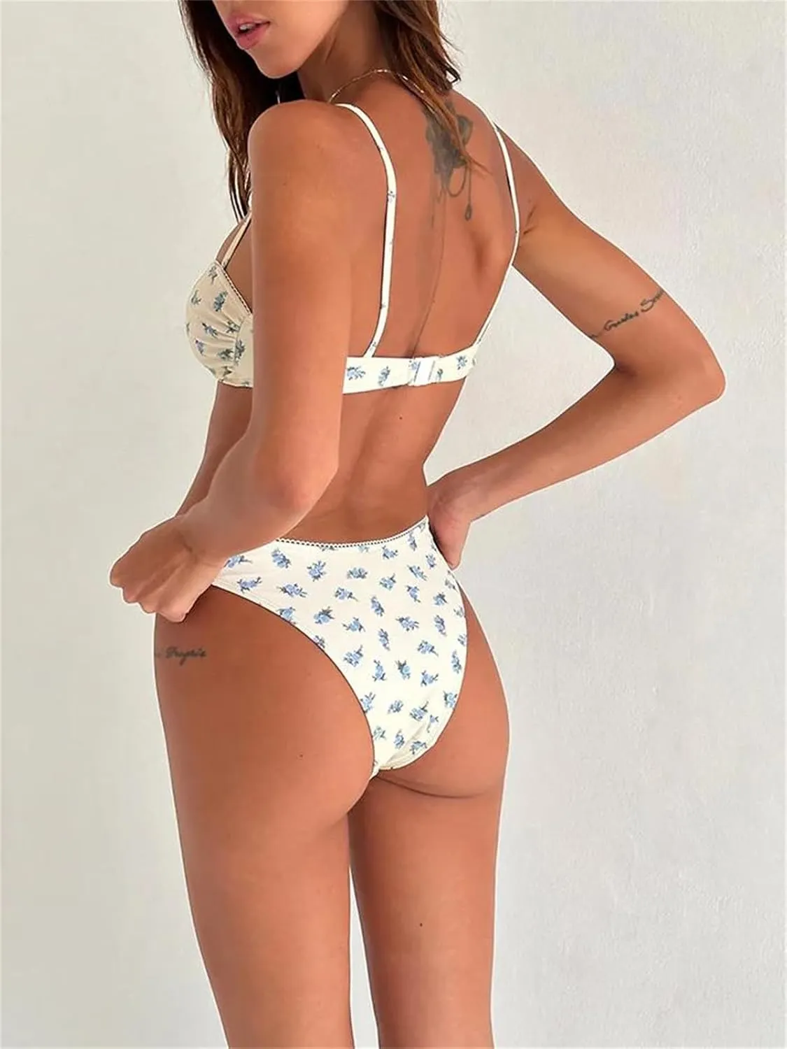 Alyweatry Women Y2k Ruffle Frill Bikini Set Bow Decor Cute Halter Tie Triangle High Cut Cheeky Thong Swimsuit Bathing Suit