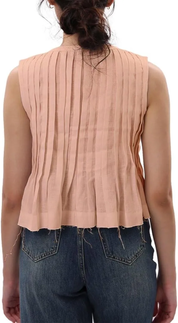 Amazhiyu Women's 100% Linen Summer Pleated Tank Tops Henley Sleeveless Blouse