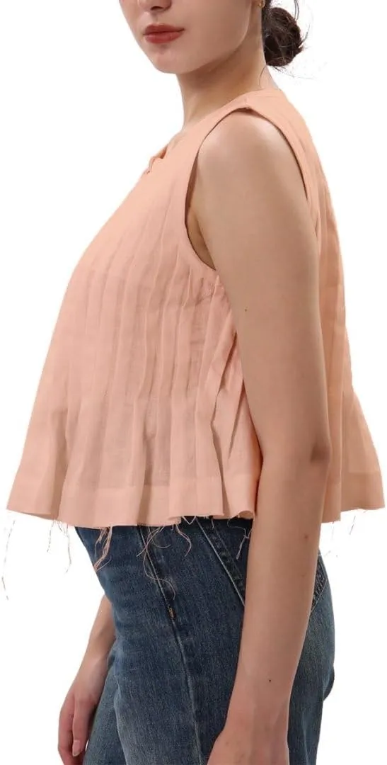 Amazhiyu Women's 100% Linen Summer Pleated Tank Tops Henley Sleeveless Blouse