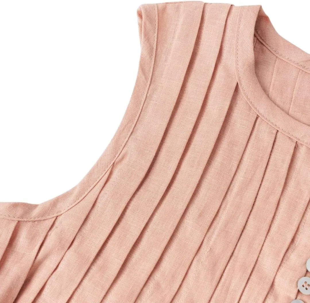 Amazhiyu Women's 100% Linen Summer Pleated Tank Tops Henley Sleeveless Blouse