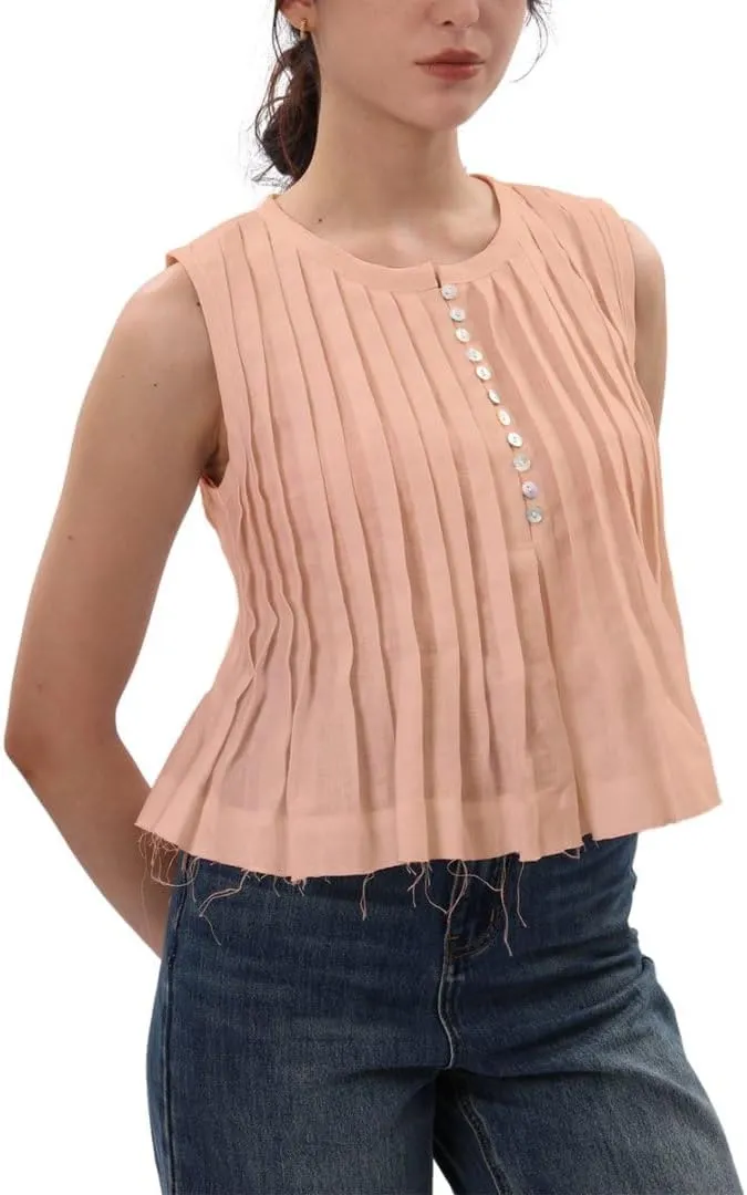 Amazhiyu Women's 100% Linen Summer Pleated Tank Tops Henley Sleeveless Blouse
