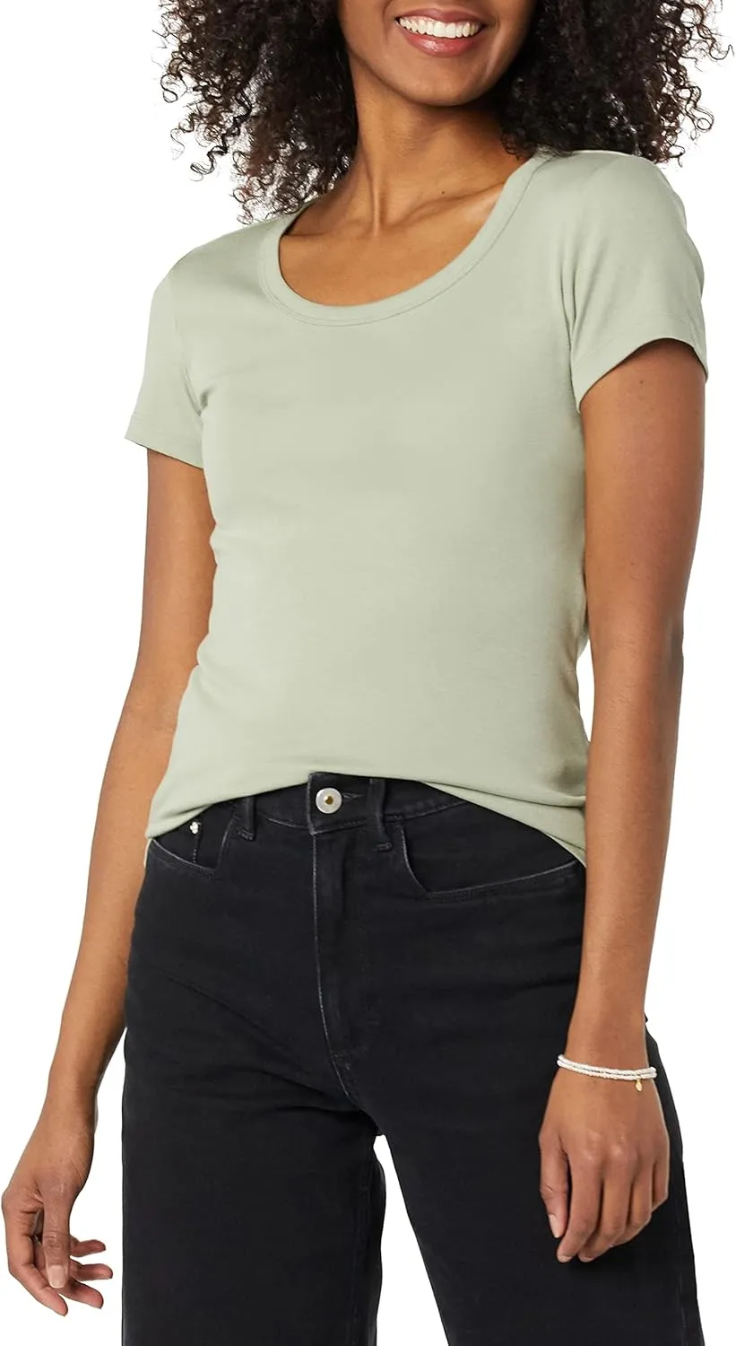 Amazon Essentials Women's Slim-Fit Cap-Sleeve Scoop Neck T-Shirt, Pack of 2
