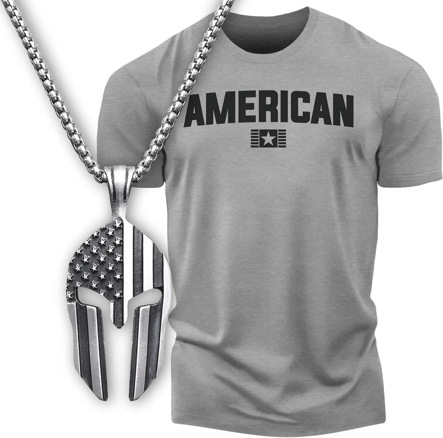 American Patriotic Shirts for Men, Warrior Pendant & Military Style T-Shirt Set