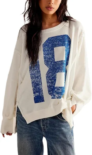 Amiblvowa Women's Vintage Oversized Graphic Sweatshirt Y2k Long Sleeve Baggy Crewneck Pullover Sweater Retro Loose Fit Top