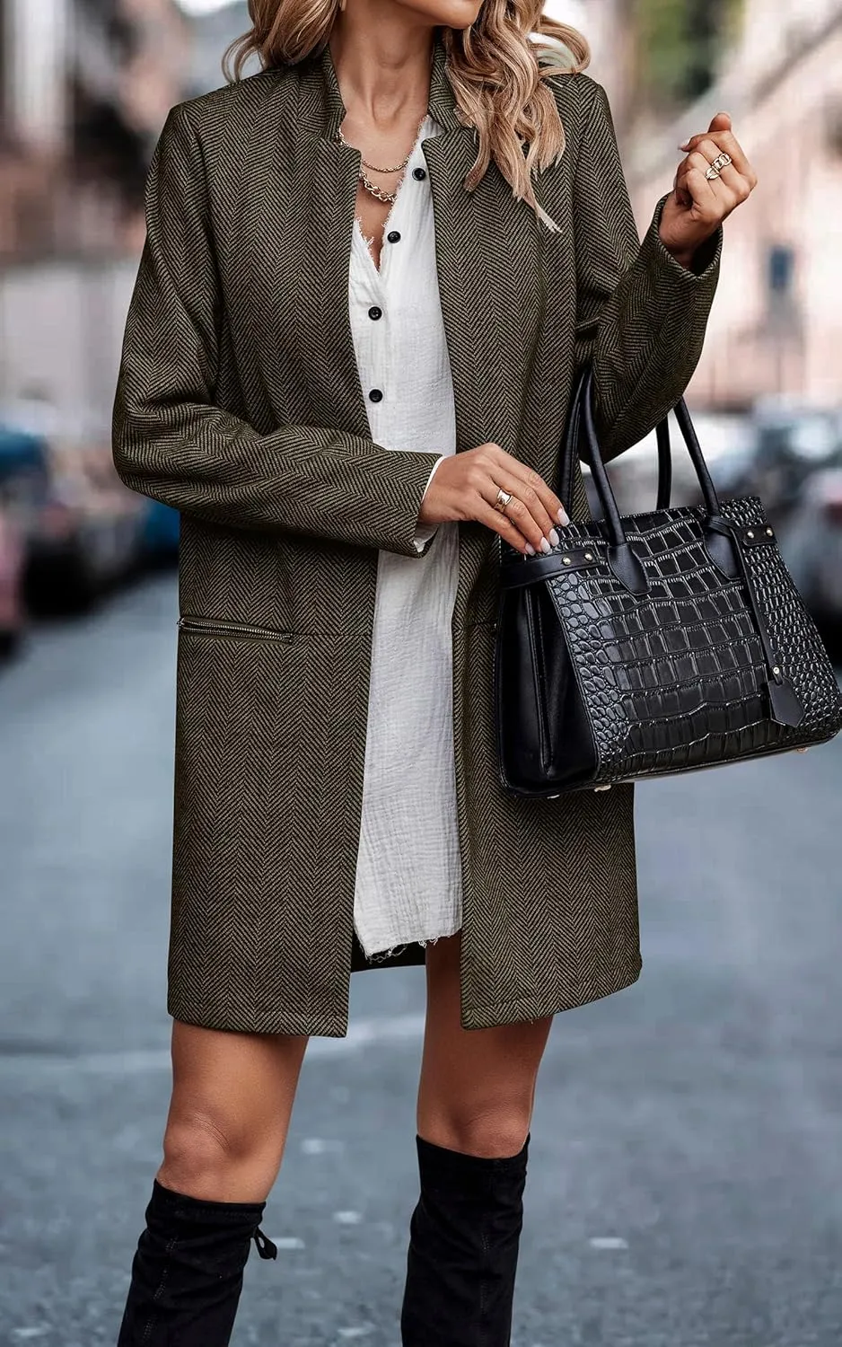 Angashion Womens Coat, Long Sleeve Stand Collar Cardigan Mid-Long Open Front Outwear Overcoat with Zipper Pockets