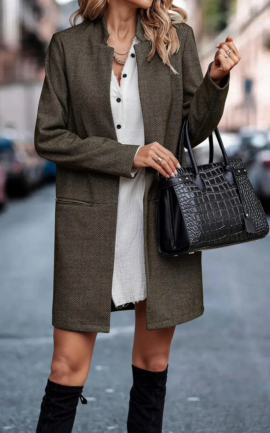 Angashion Womens Coat, Long Sleeve Stand Collar Cardigan Mid-Long Open Front Outwear Overcoat with Zipper Pockets