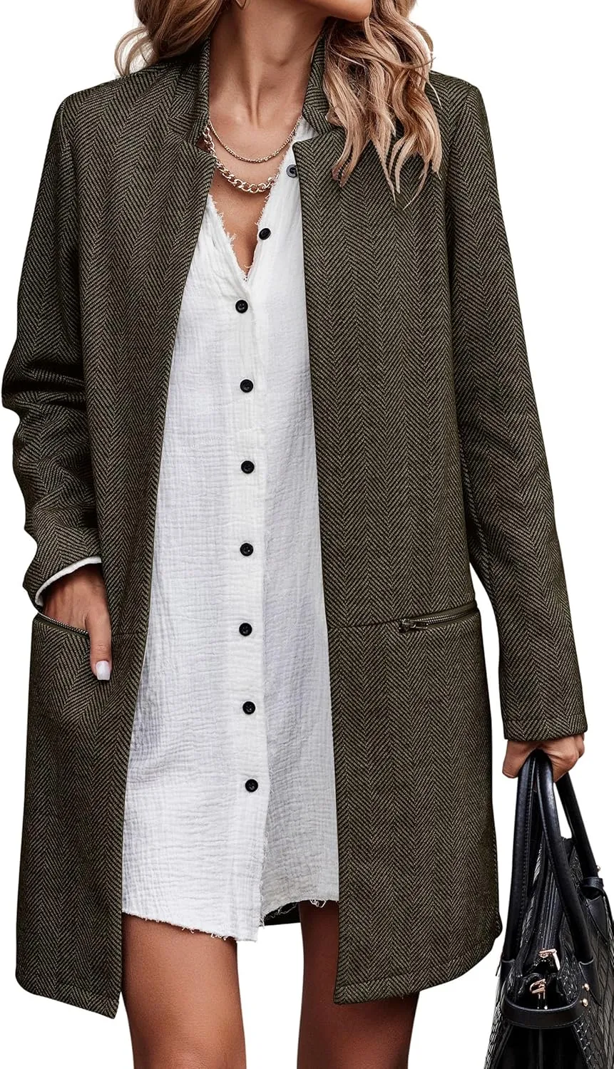 Angashion Womens Coat, Long Sleeve Stand Collar Cardigan Mid-Long Open Front Outwear Overcoat with Zipper Pockets
