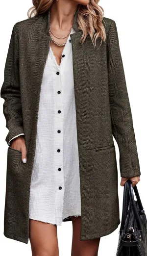 Angashion Womens Coat, Long Sleeve Stand Collar Cardigan Mid-Long Open Front Outwear Overcoat with Zipper Pockets