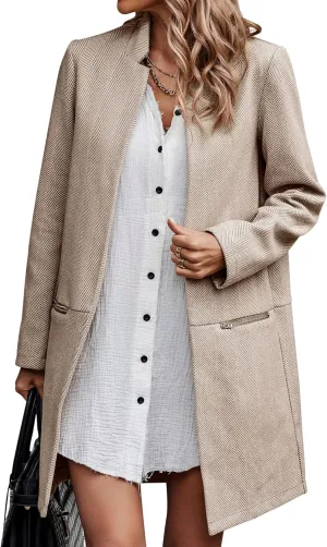 Angashion Womens Coat, Long Sleeve Stand Collar Cardigan Mid-Long Open Front Outwear Overcoat with Zipper Pockets