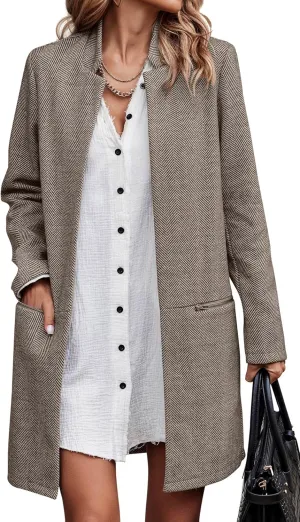 Angashion Womens Coat, Long Sleeve Stand Collar Cardigan Mid-Long Open Front Outwear Overcoat with Zipper Pockets