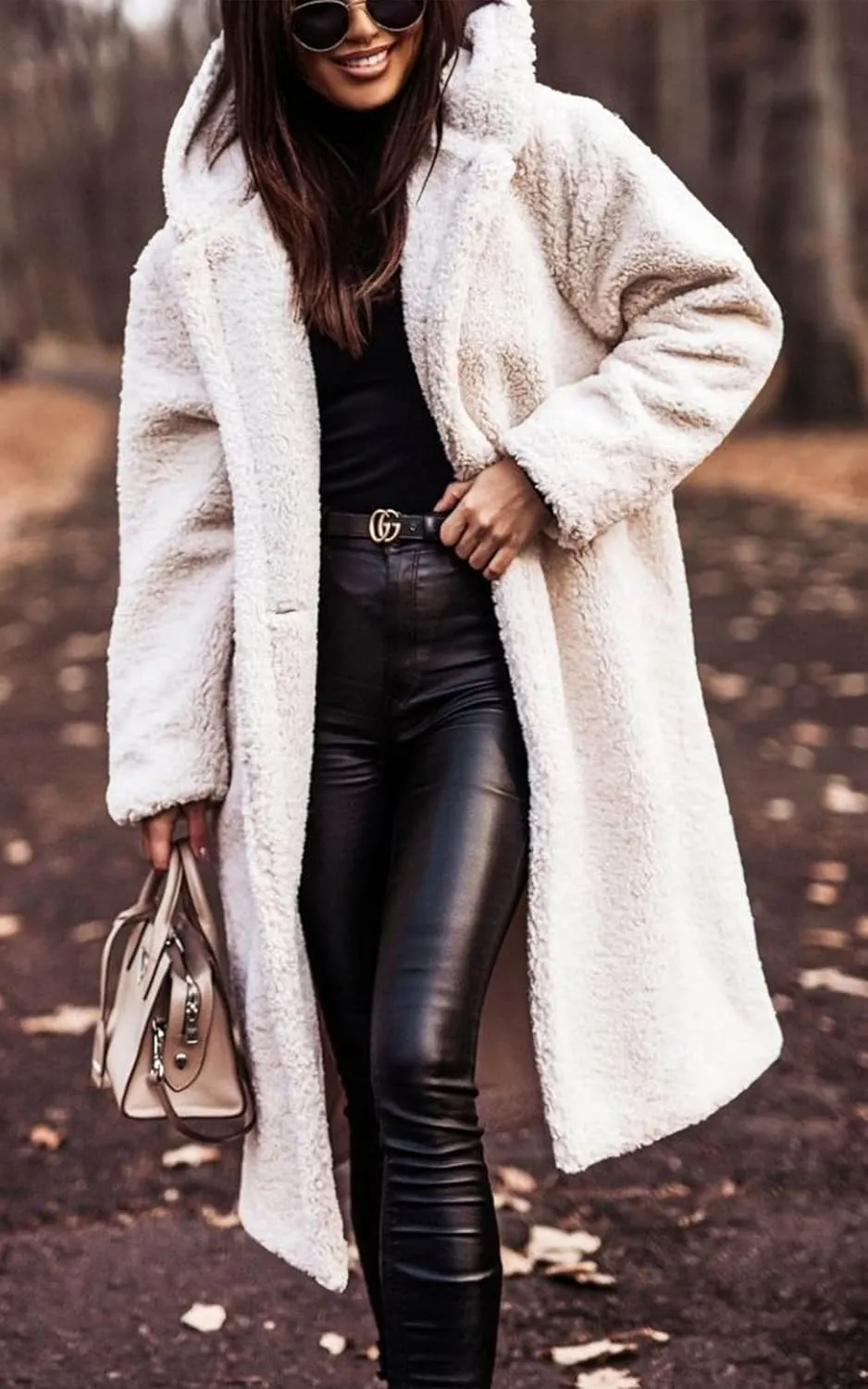 Angashion Women's Fuzzy Fleece Lapel Open Front Long Cardigan Coat Faux Fur Warm Winter Outwear Jackets
