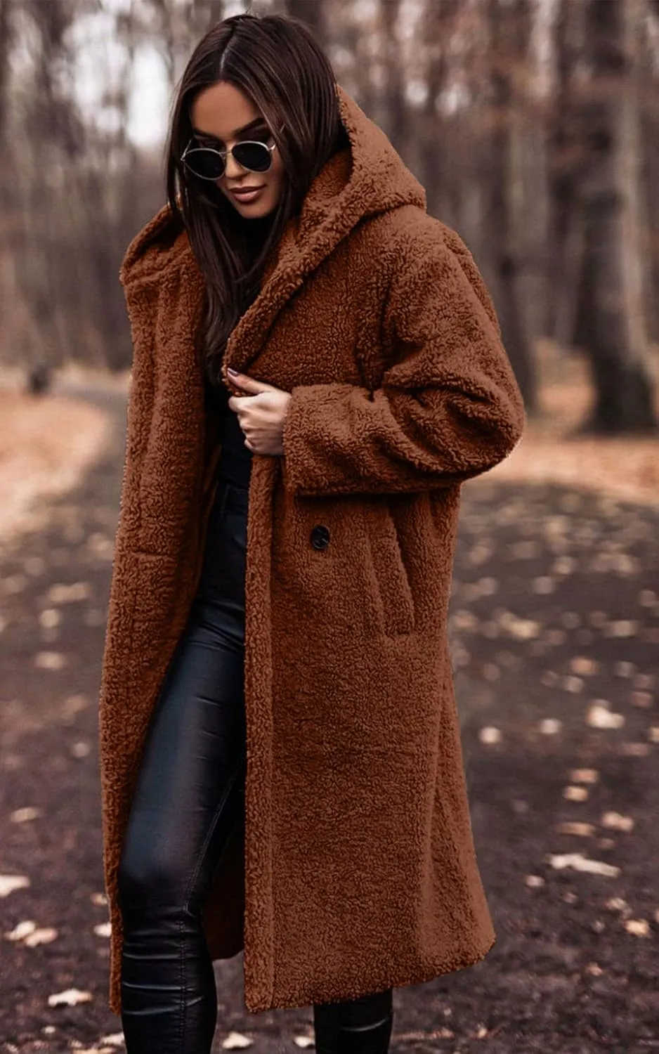 Angashion Women's Fuzzy Fleece Lapel Open Front Long Cardigan Coat Faux Fur Warm Winter Outwear Jackets