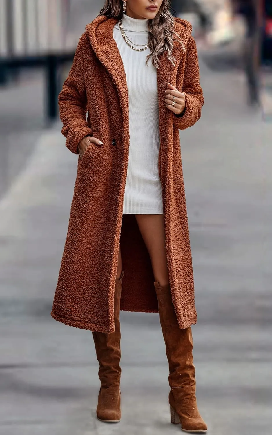 Angashion Women's Fuzzy Fleece Lapel Open Front Long Cardigan Coat Faux Fur Warm Winter Outwear Jackets