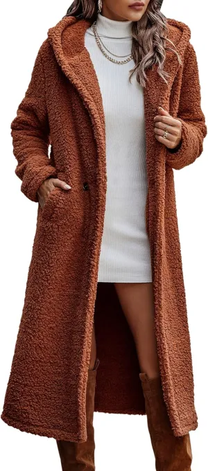 Angashion Women's Fuzzy Fleece Lapel Open Front Long Cardigan Coat Faux Fur Warm Winter Outwear Jackets