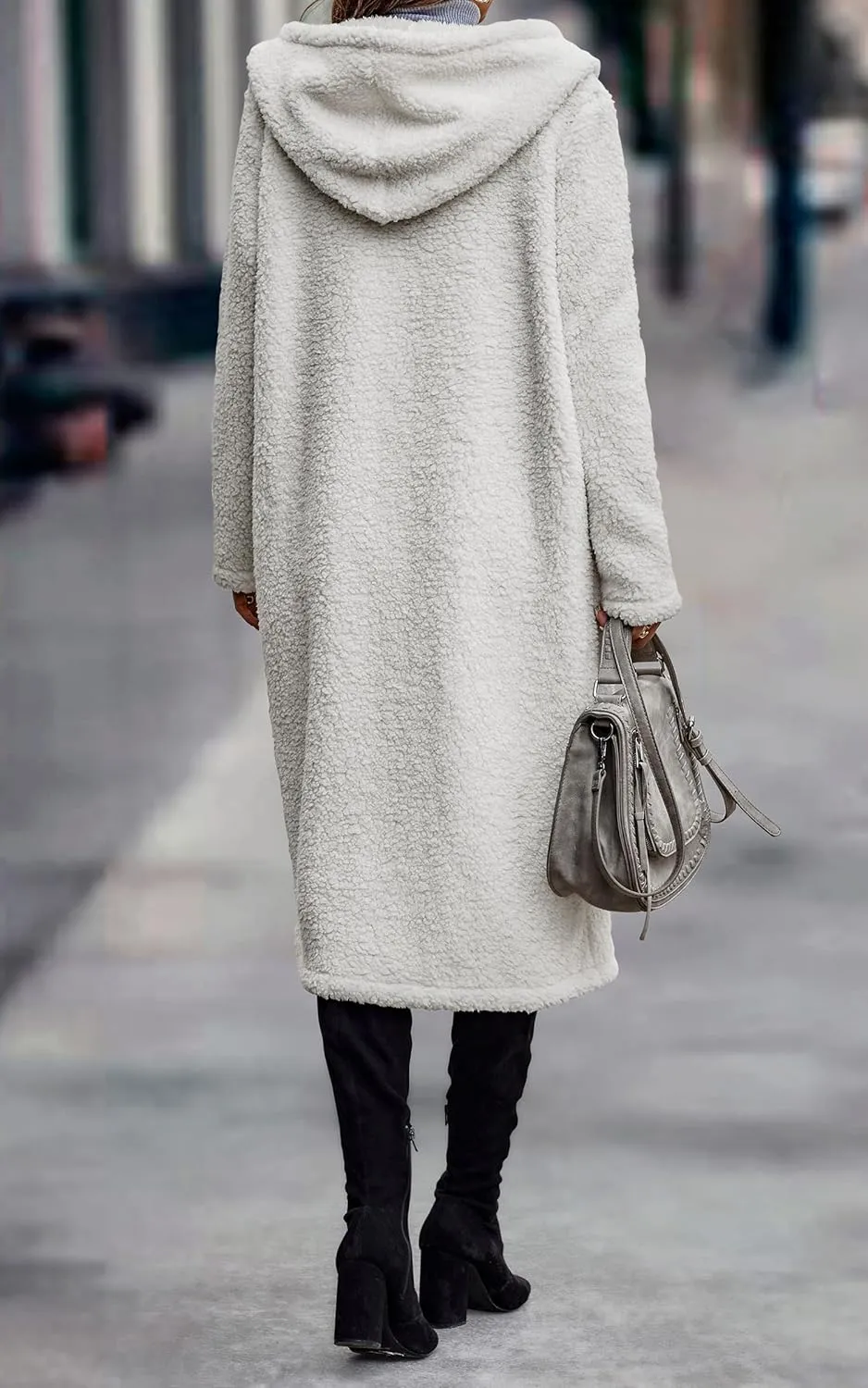 Angashion Women's Fuzzy Fleece Lapel Open Front Long Cardigan Coat Faux Fur Warm Winter Outwear Jackets