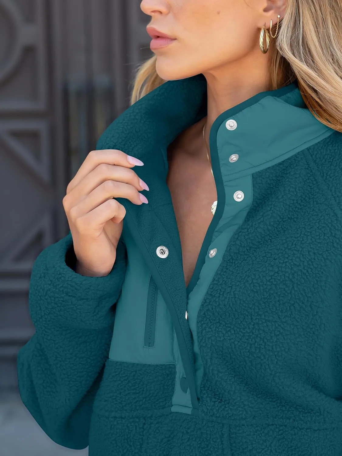 ANRABESS Women Fleece Sherpa Pullover Sweatshirt Cropped Loose Fuzzy Jacket Soft Button Down Winter Outerwear with Pockets