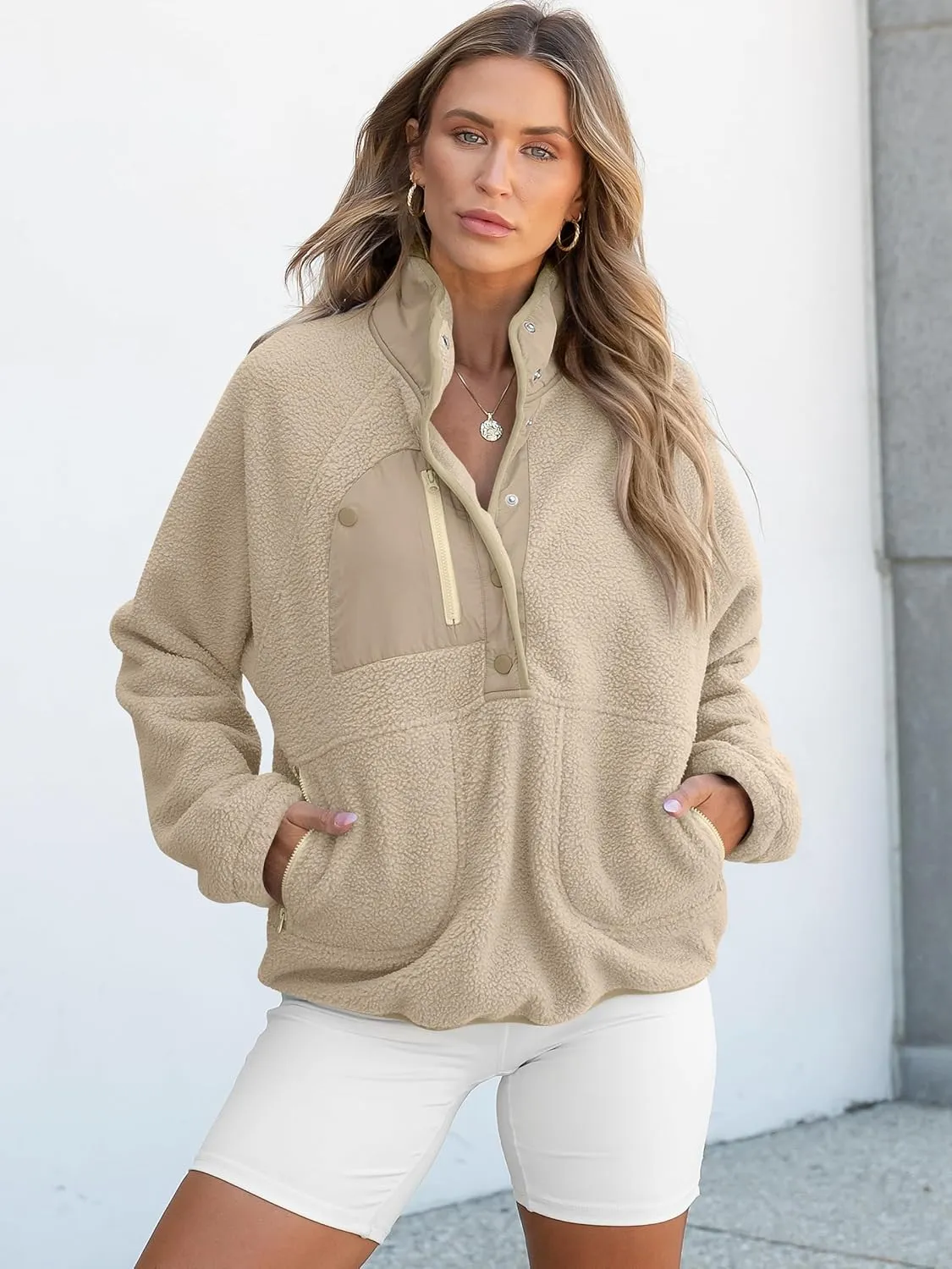 ANRABESS Women Fleece Sherpa Pullover Sweatshirt Cropped Loose Fuzzy Jacket Soft Button Down Winter Outerwear with Pockets