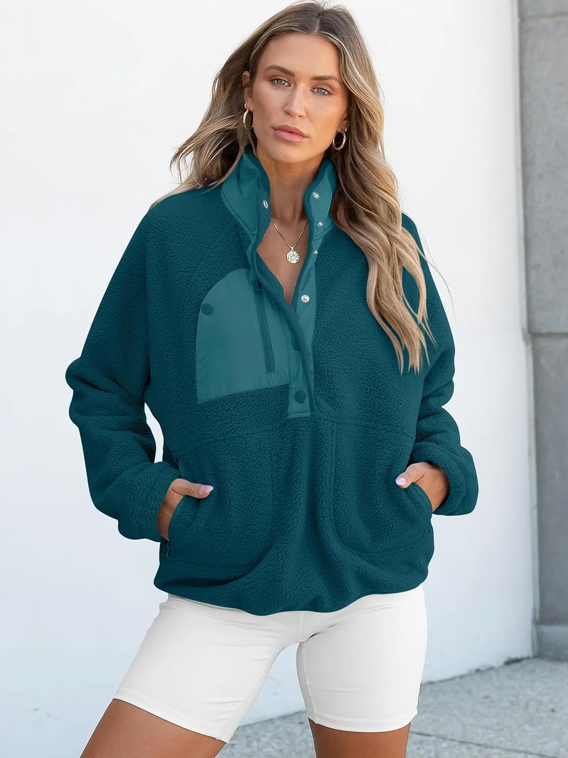 ANRABESS Women Fleece Sherpa Pullover Sweatshirt Cropped Loose Fuzzy Jacket Soft Button Down Winter Outerwear with Pockets