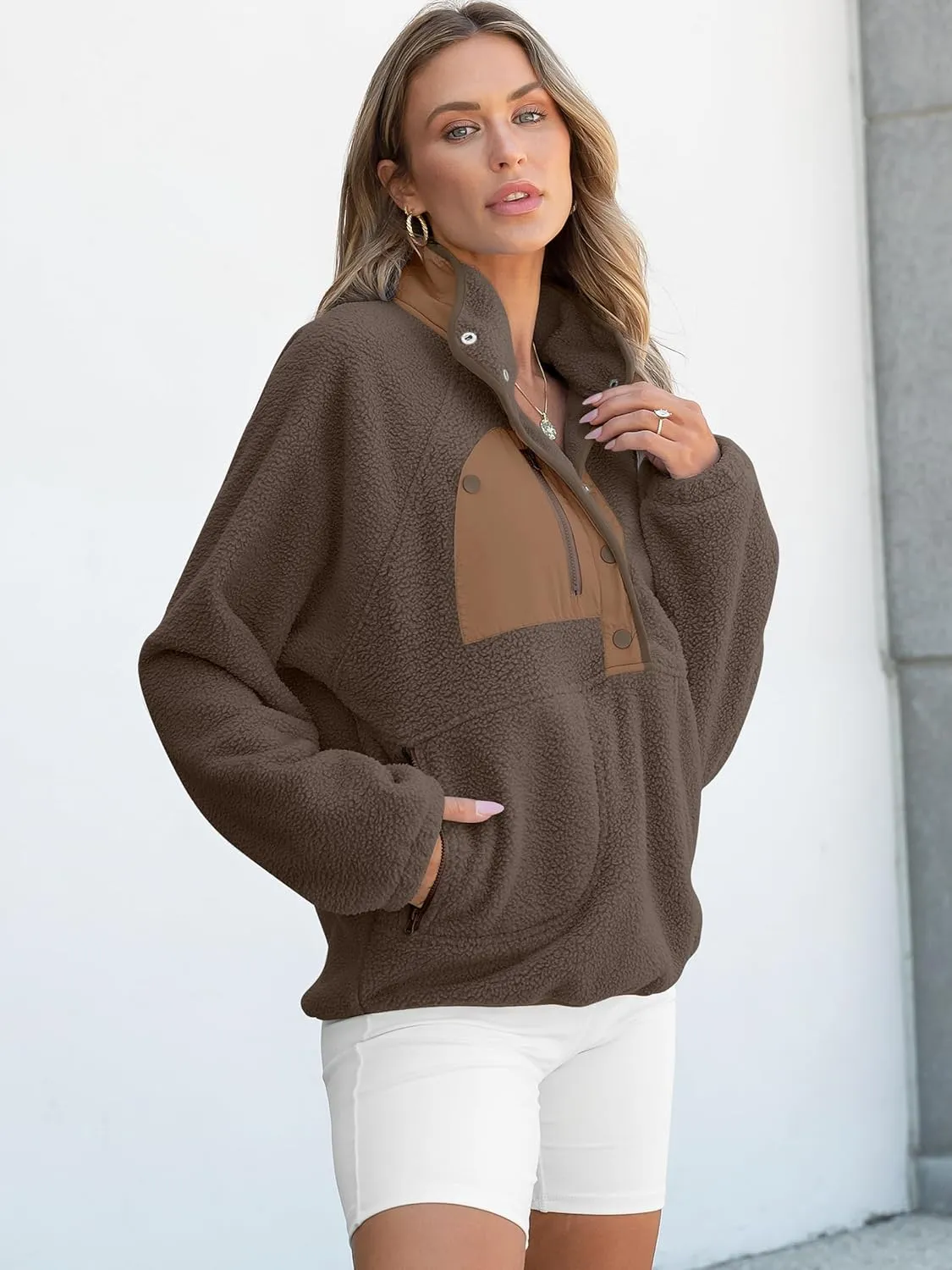 ANRABESS Women Fleece Sherpa Pullover Sweatshirt Cropped Loose Fuzzy Jacket Soft Button Down Winter Outerwear with Pockets
