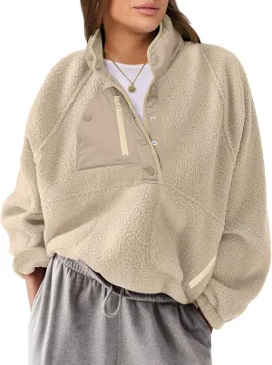 ANRABESS Women Fleece Sherpa Pullover Sweatshirt Cropped Loose Fuzzy Jacket Soft Button Down Winter Outerwear with Pockets