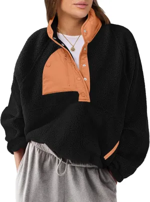 ANRABESS Women Fleece Sherpa Pullover Sweatshirt Cropped Loose Fuzzy Jacket Soft Button Down Winter Outerwear with Pockets