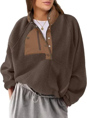 ANRABESS Women Fleece Sherpa Pullover Sweatshirt Cropped Loose Fuzzy Jacket Soft Button Down Winter Outerwear with Pockets